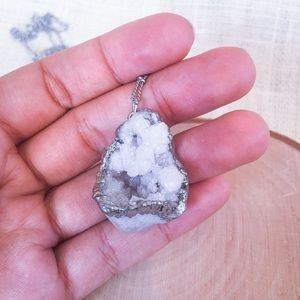 White angel aura druzy necklace long silver chain